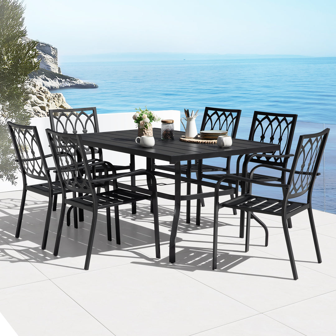 7-Piece Metal Outdoor Dining Set with Umbrella Hole and 6 Stackable Chairs