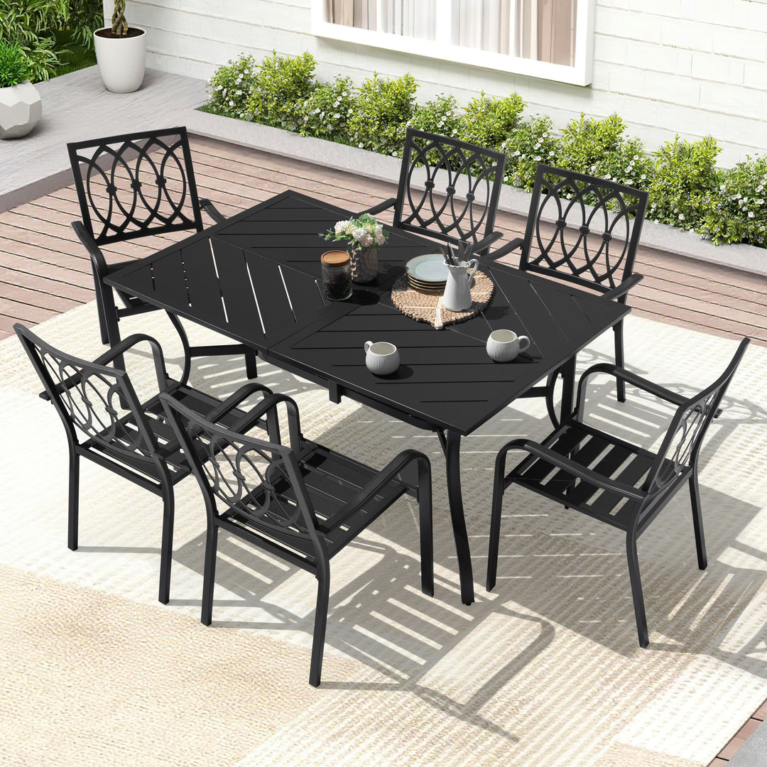 7-Piece Metal Patio Dining Set with Umbrella Hole and 6 Stackable Chairs