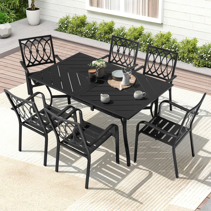 7-Piece Metal Patio Dining Set with Umbrella Hole and 6 Stackable Chairs