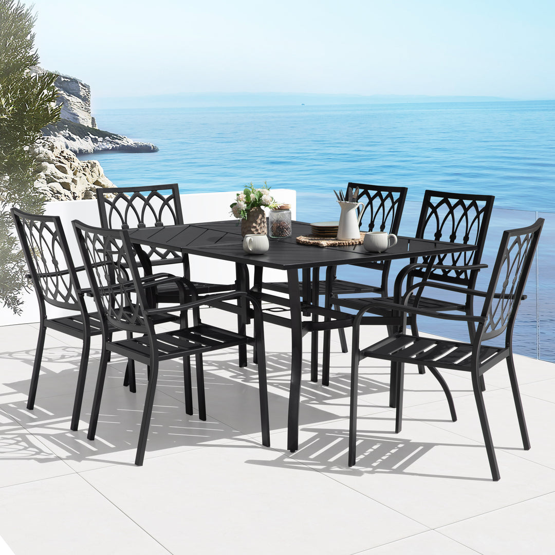 7-Piece Metal Patio Dining Set with Umbrella Hole and 6 Stackable Chairs