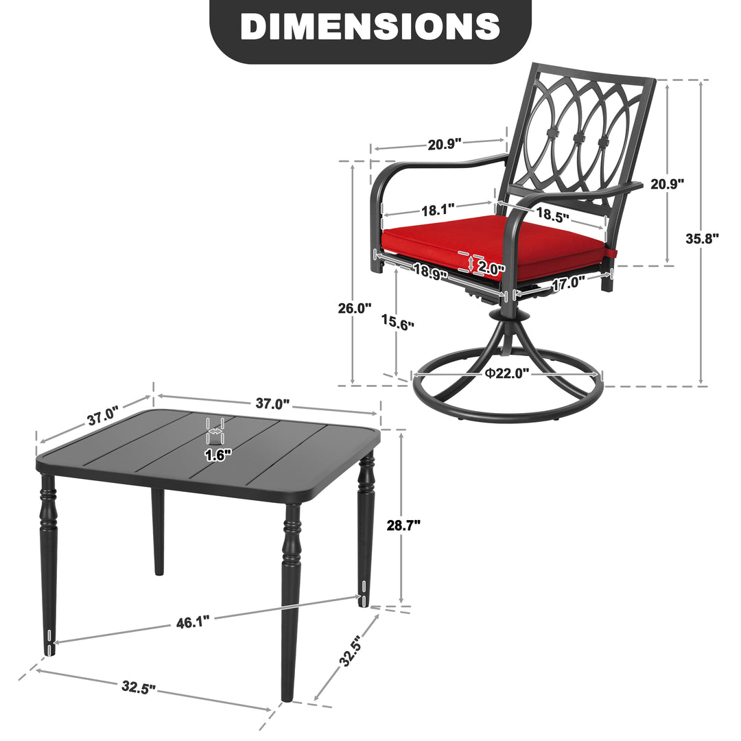 5-Piece Outdoor Patio Dining Set with Mental Table and Swivel Chairs
