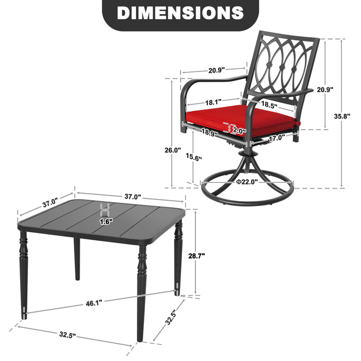 5-Piece Outdoor Patio Dining Set with Mental Table and Swivel Chairs