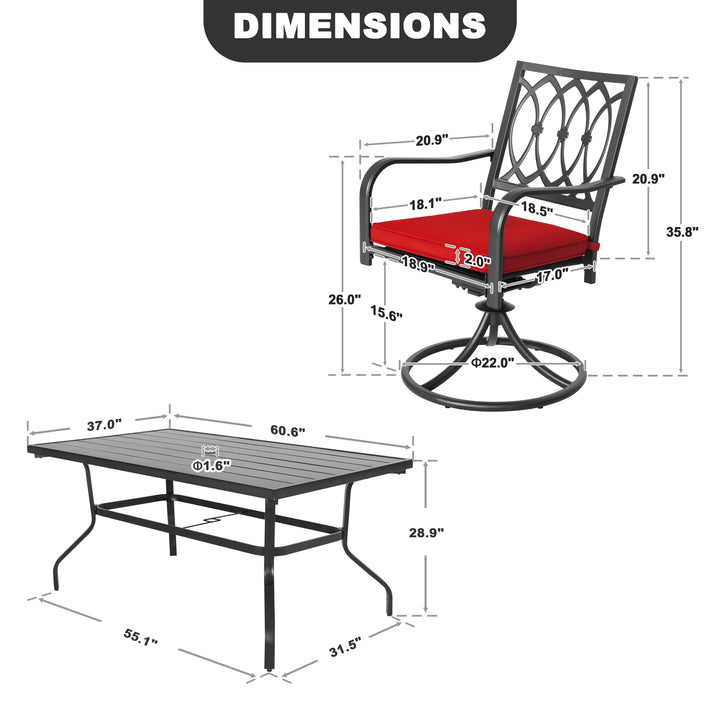 7PCS Metal Patio Dining Set with Umbrella Hole, Swivel Chairs with Cushions