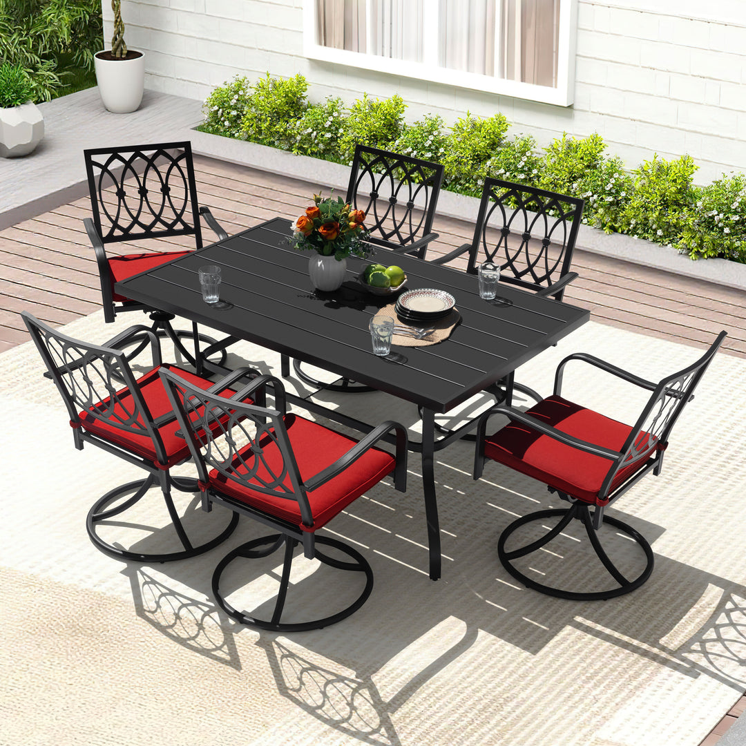 7PCS Metal Patio Dining Set with Umbrella Hole, Swivel Chairs with Cushions