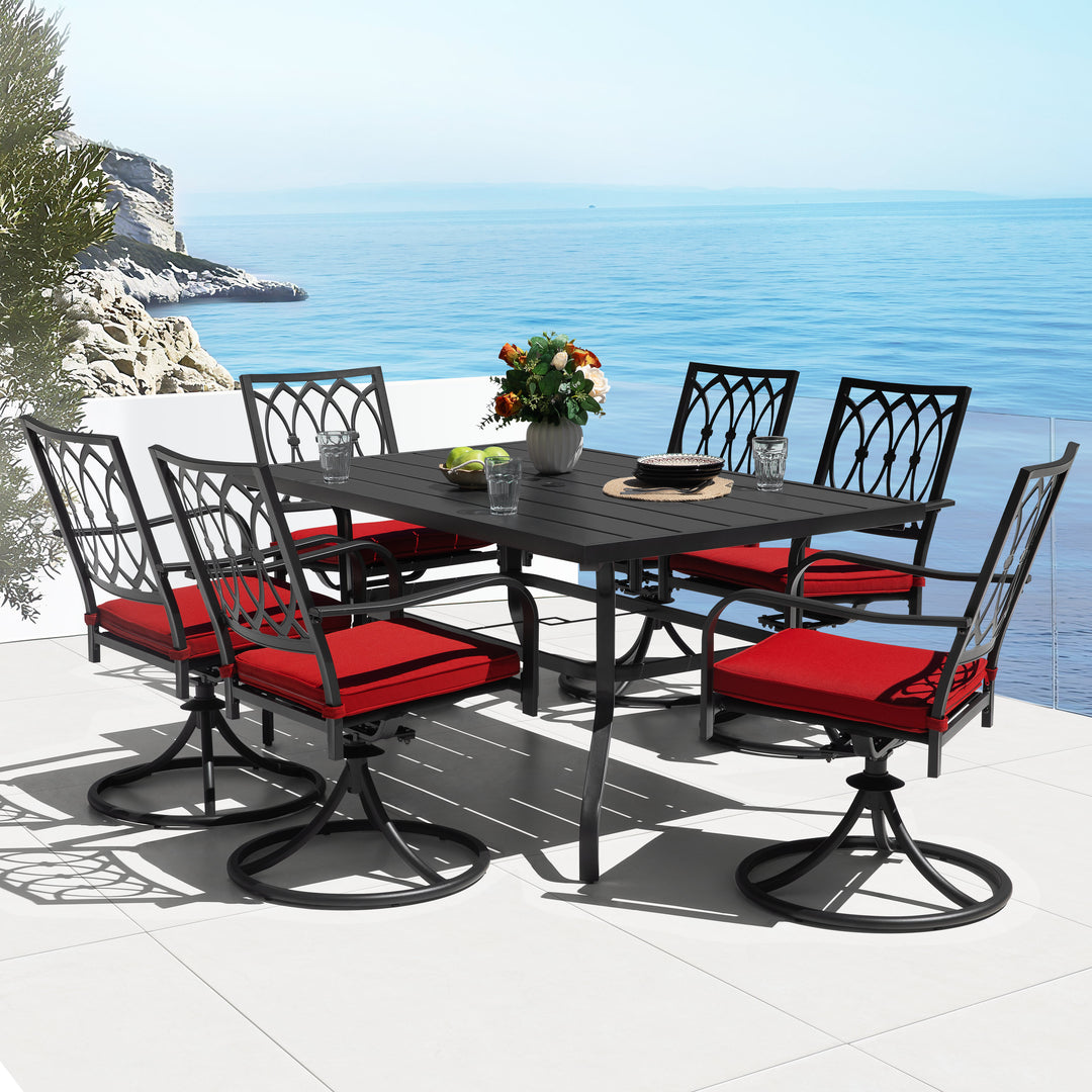 7PCS Metal Patio Dining Set with Umbrella Hole, Swivel Chairs with Cushions