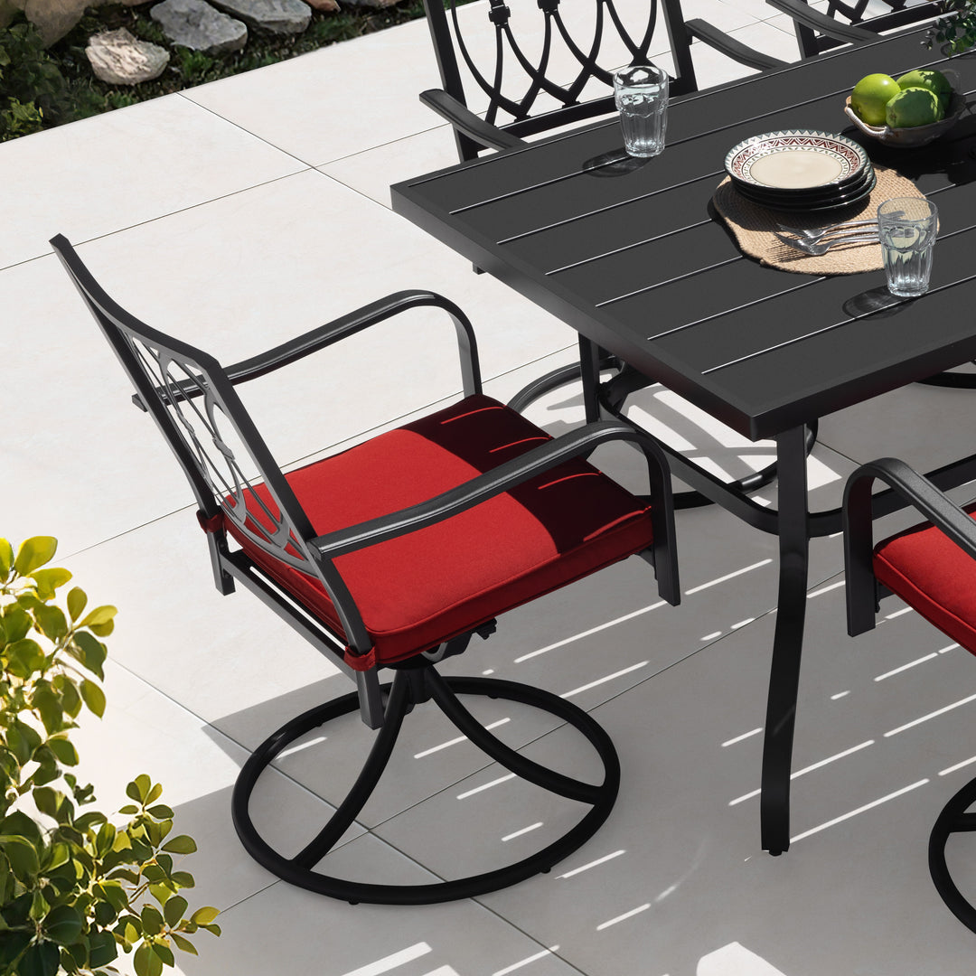7PCS Metal Patio Dining Set with Umbrella Hole, Swivel Chairs with Cushions