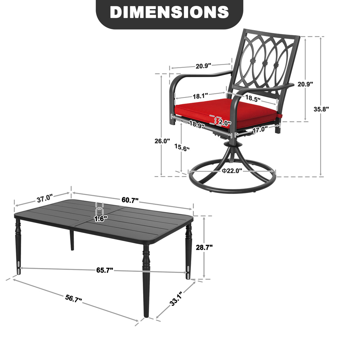 7PCS Metal Patio Dining Set with Umbrella Hole, Swivel Chairs with Cushions