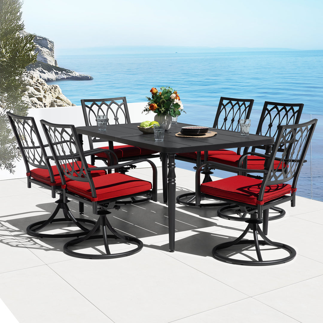 7PCS Metal Patio Dining Set with Umbrella Hole, Swivel Chairs with Cushions