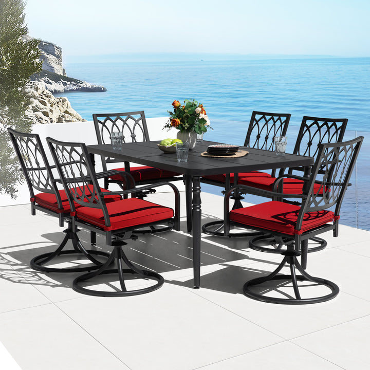 7PCS Metal Patio Dining Set with Umbrella Hole, Swivel Chairs with Cushions