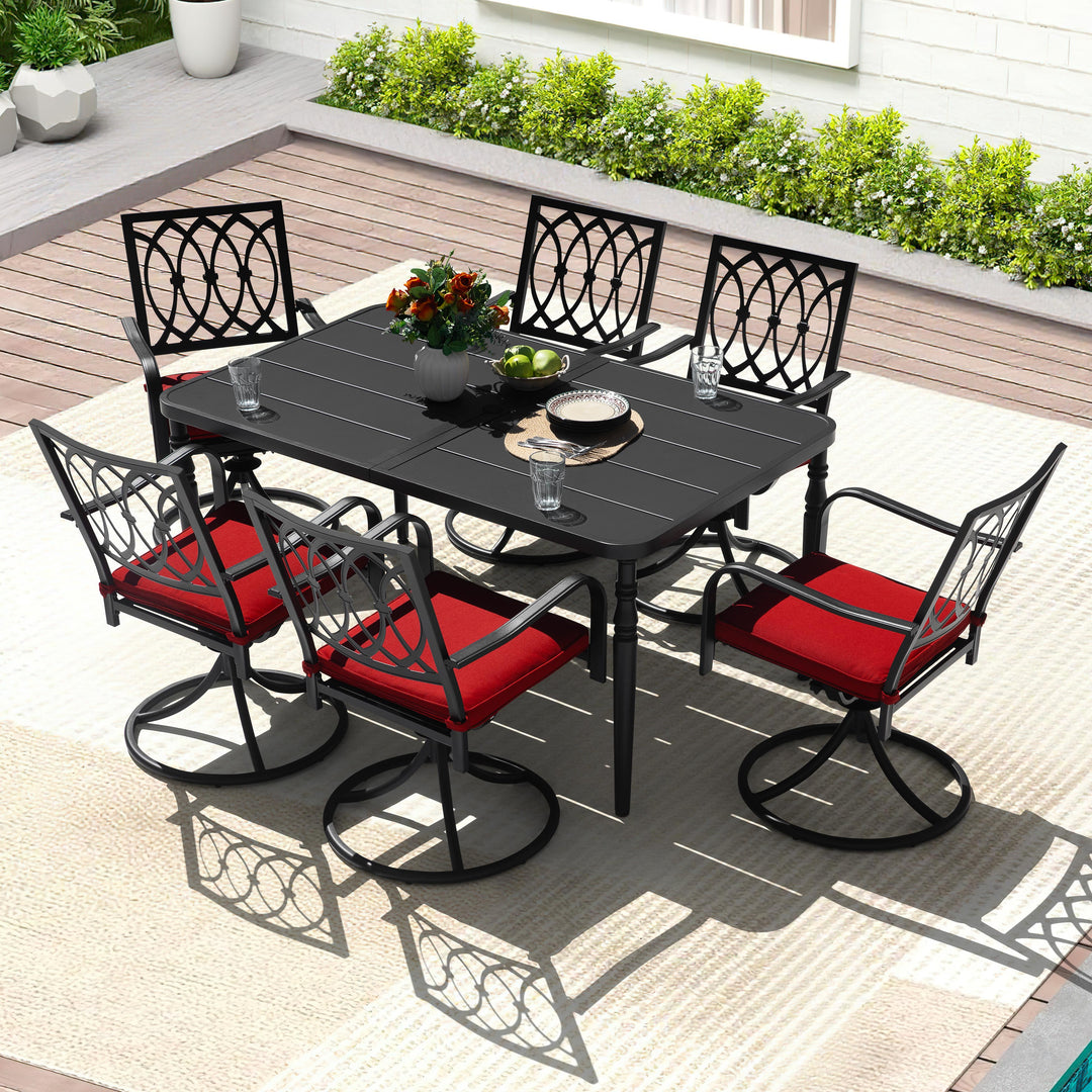 7PCS Metal Patio Dining Set with Umbrella Hole, Swivel Chairs with Cushions