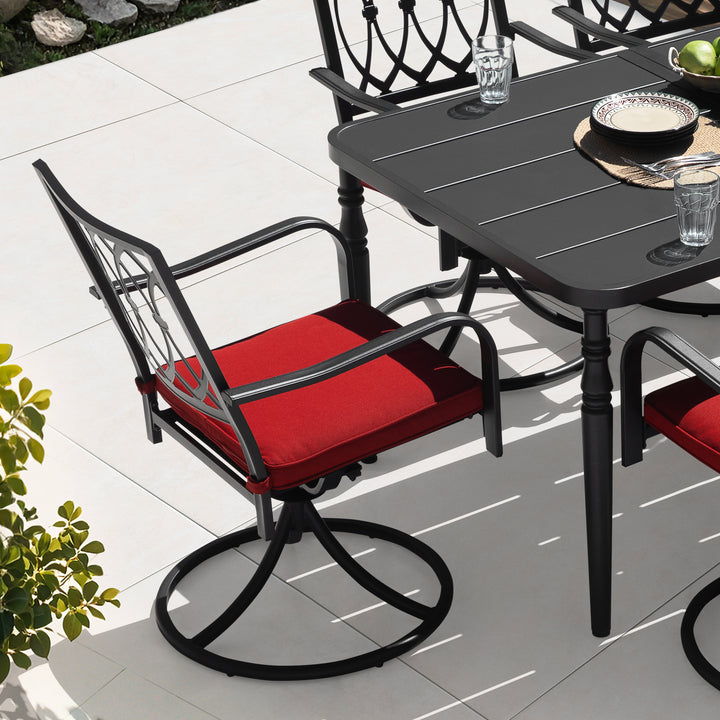 7PCS Metal Patio Dining Set with Umbrella Hole, Swivel Chairs with Cushions