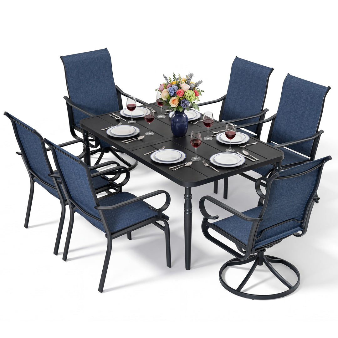 7-Piece Patio Textilene Dining Set with Umbrella Hole, Swivel Design