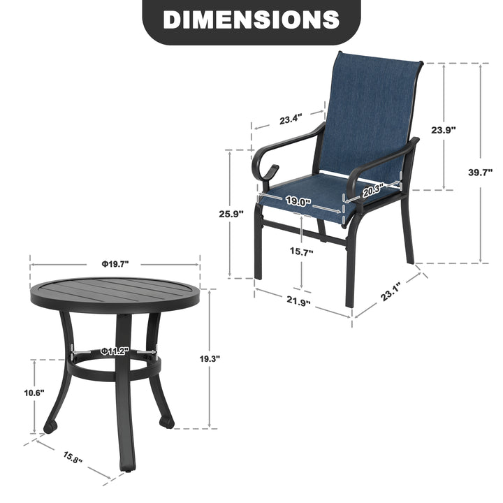3PCS Patio Bistro Set with 2 Textilene Chairs, 1 Side Table, Powder Coating