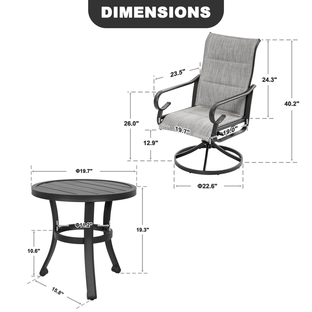 3-Piece Padded Textilene Patio Bistro Set with Swivel Chairs and Side Table