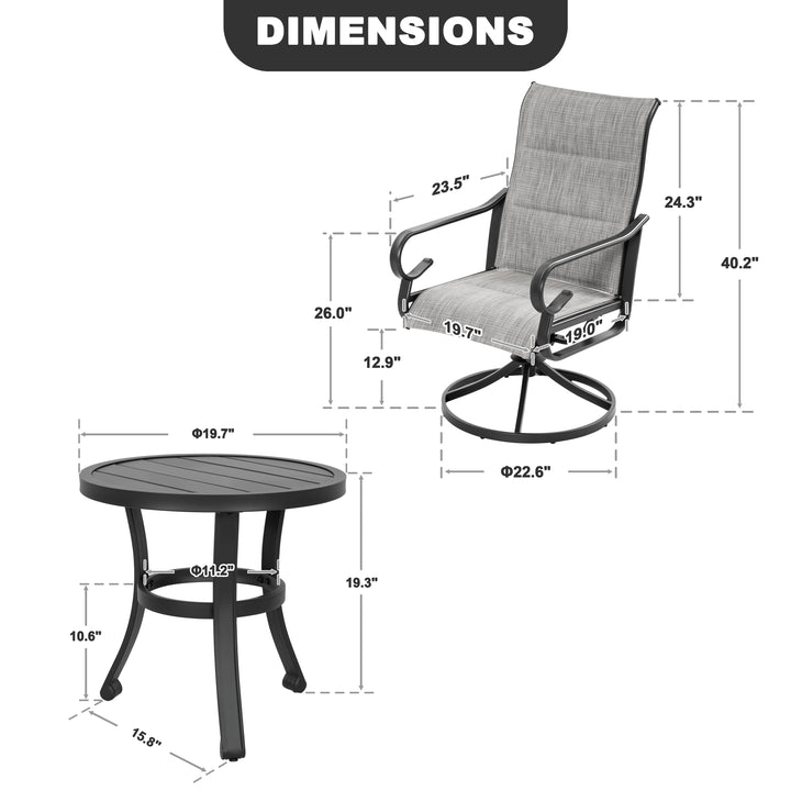 3-Piece Padded Textilene Patio Bistro Set with Swivel Chairs and Side Table