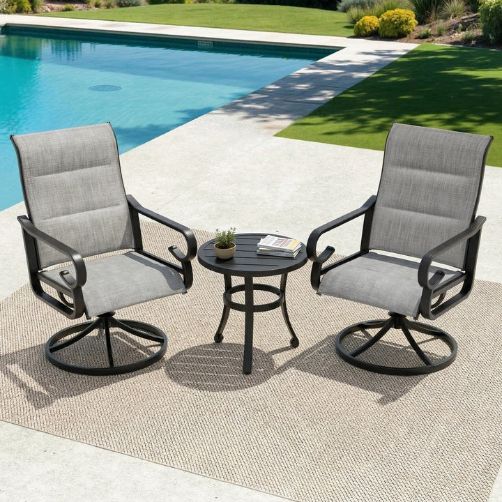 3-Piece Padded Textilene Patio Bistro Set with Swivel Chairs and Side Table
