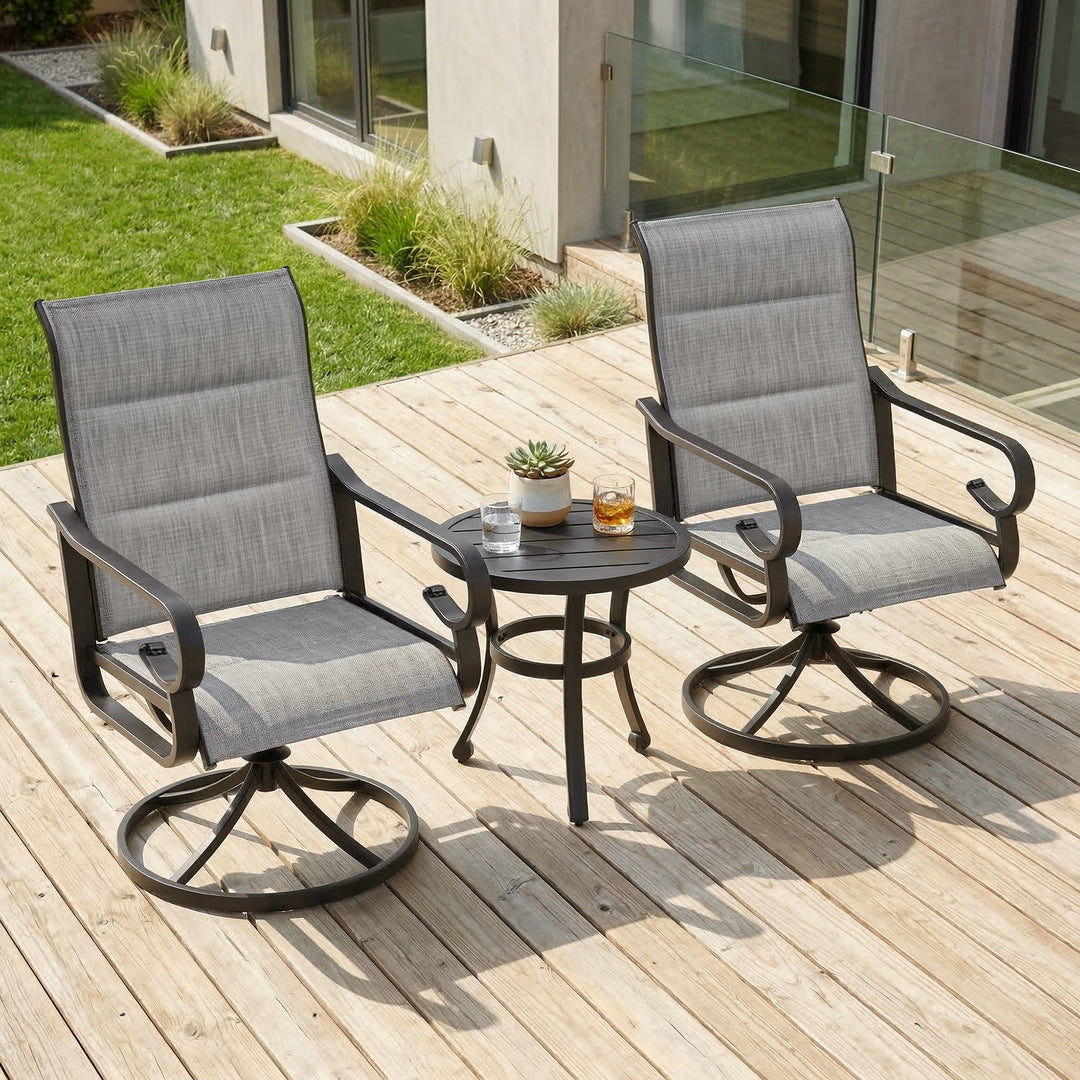3-Piece Padded Textilene Patio Bistro Set with Swivel Chairs and Side Table