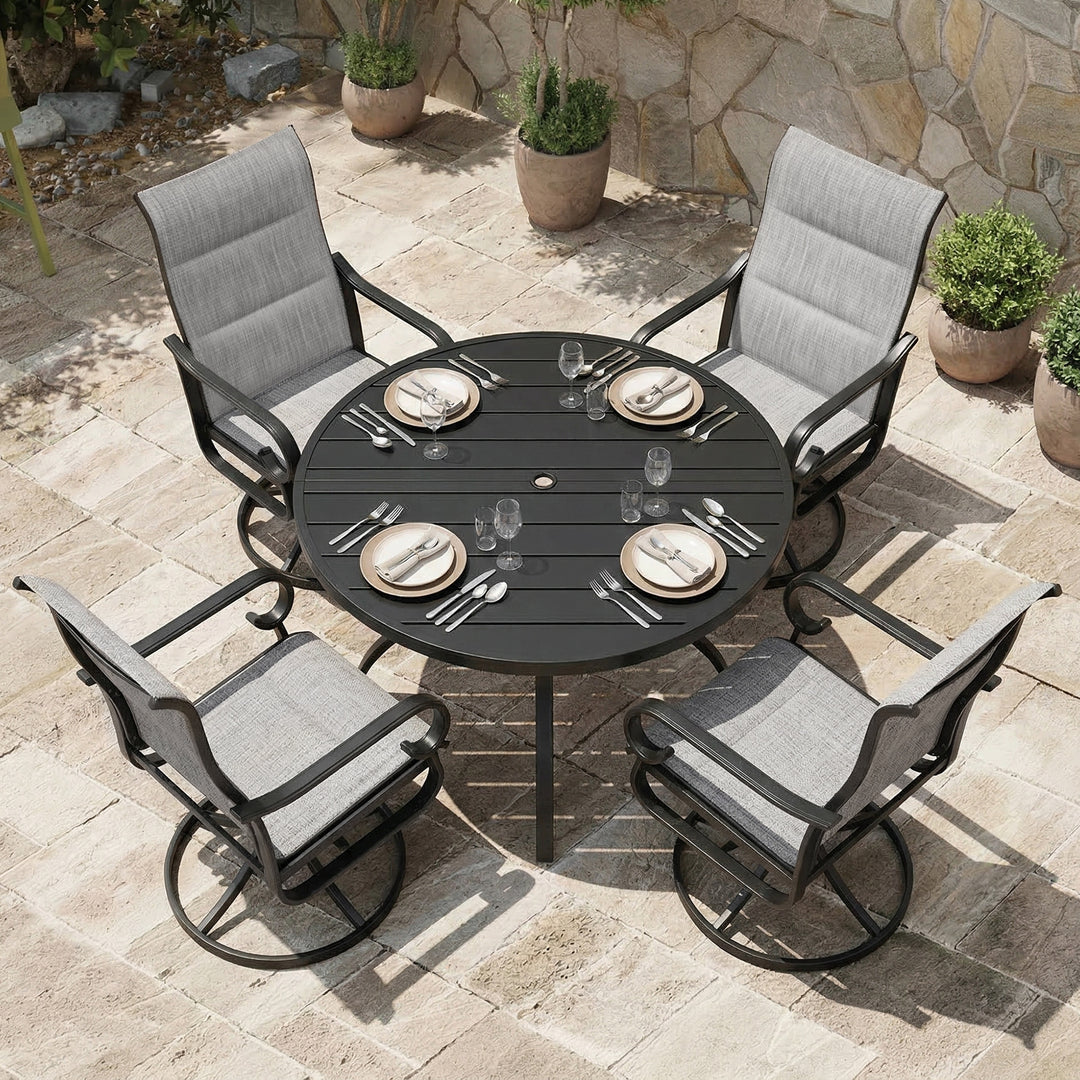 5PCS Padded Textilene Outdoor Dining Set with Umbrella Hole, Swivel Design