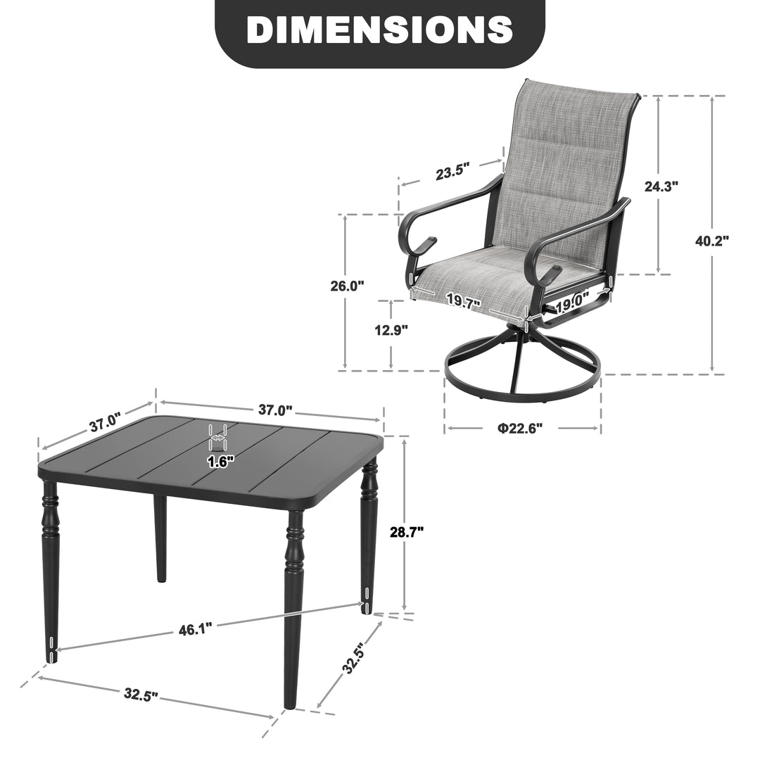 5-Piece Padded Textilene Patio Dining Set with Umbrella Hole, Swivel Design