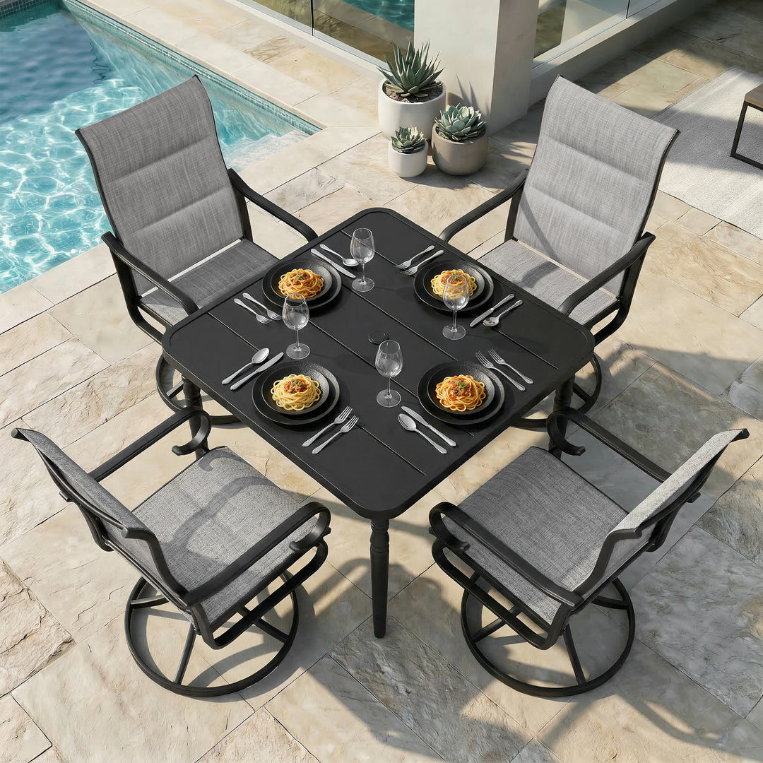 5-Piece Padded Textilene Patio Dining Set with Umbrella Hole, Swivel Design