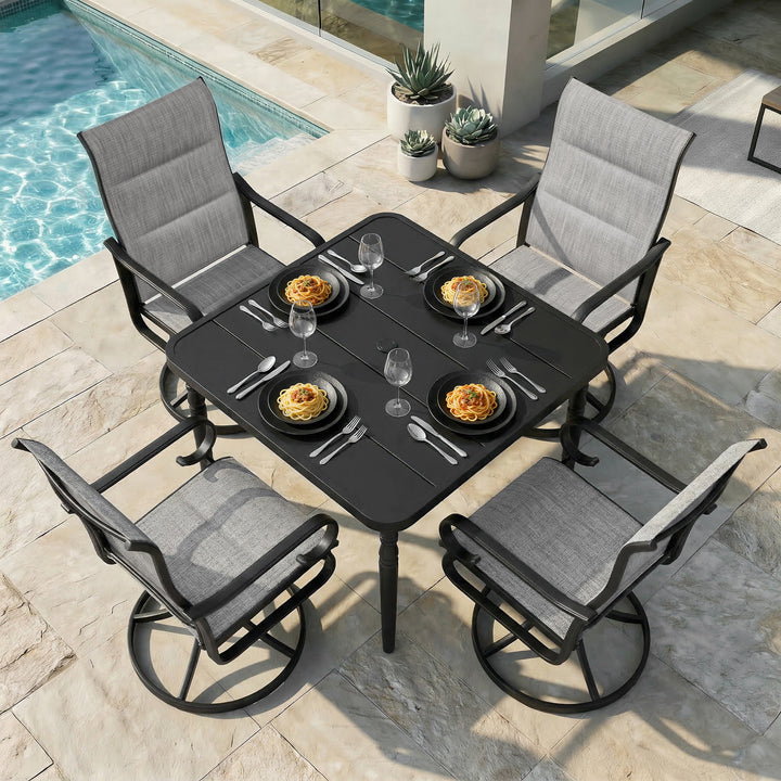 5-Piece Padded Textilene Patio Dining Set with Umbrella Hole, Swivel Design