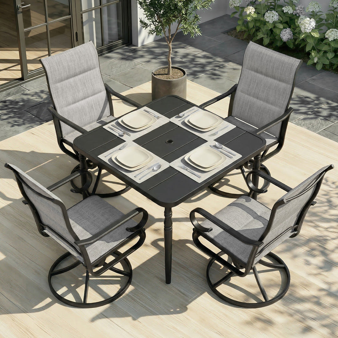 5-Piece Padded Textilene Patio Dining Set with Umbrella Hole, Swivel Design