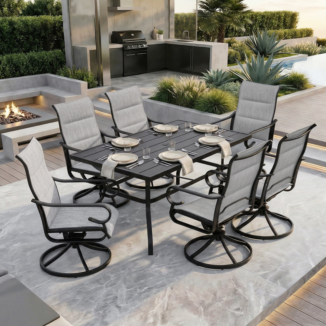 7-Piece Padded Textilene Patio Dining Set with Umbrella Hole, Swivel Design