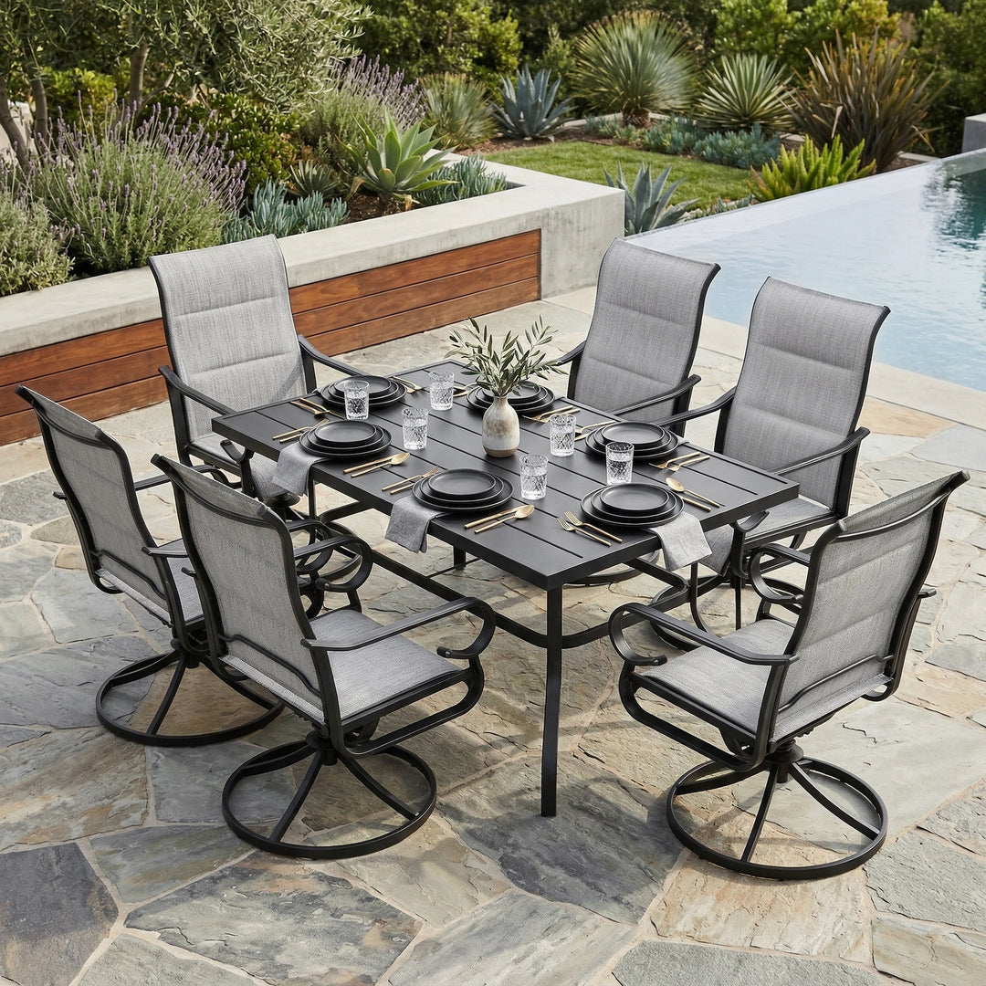 7-Piece Padded Textilene Patio Dining Set with Umbrella Hole, Swivel Design