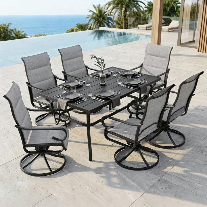 7-Piece Padded Textilene Patio Dining Set with Umbrella Hole, Swivel Design