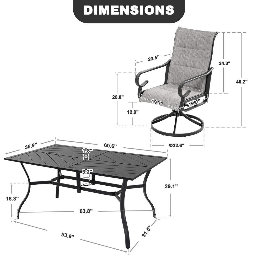 7-Piece Padded Textilene Patio Dining Set with Umbrella Hole, Swivel Design, Blue and Black