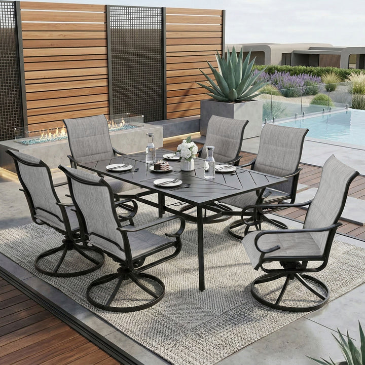 7-Piece Padded Textilene Patio Dining Set with Umbrella Hole, Swivel Design, Blue and Black