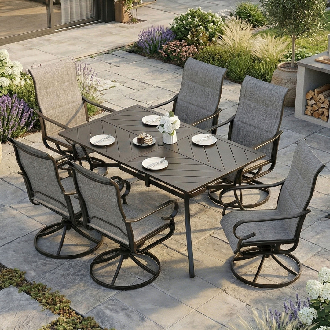 7-Piece Padded Textilene Patio Dining Set with Umbrella Hole, Swivel Design, Blue and Black