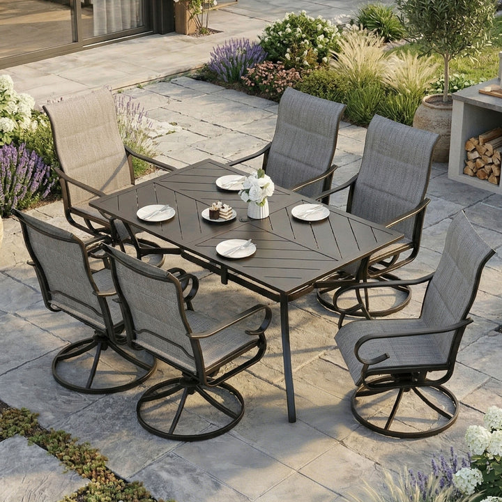 7-Piece Padded Textilene Patio Dining Set with Umbrella Hole, Swivel Design, Blue and Black