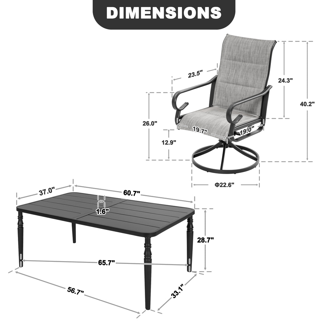 7PCS Padded Textilene Patio Dining Set with Umbrella Hole, Swivel Design