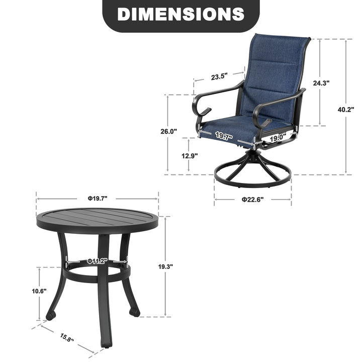 3-Piece Padded Textilene Patio Bistro Set with Swivel Chairs and Side Table
