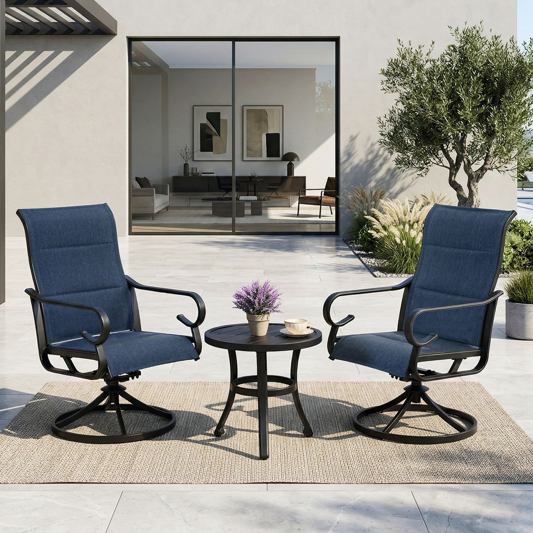 3-Piece Padded Textilene Patio Bistro Set with Swivel Chairs and Side Table