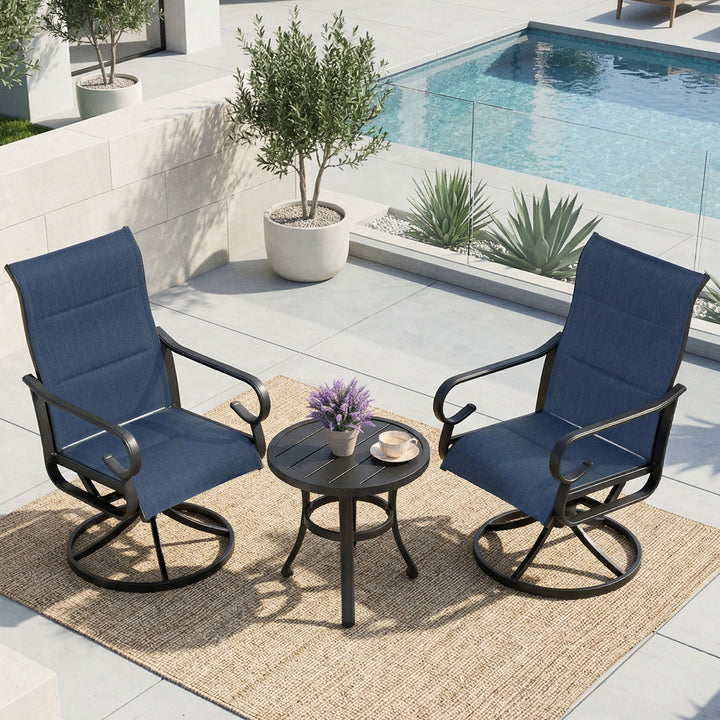 3-Piece Padded Textilene Patio Bistro Set with Swivel Chairs and Side Table