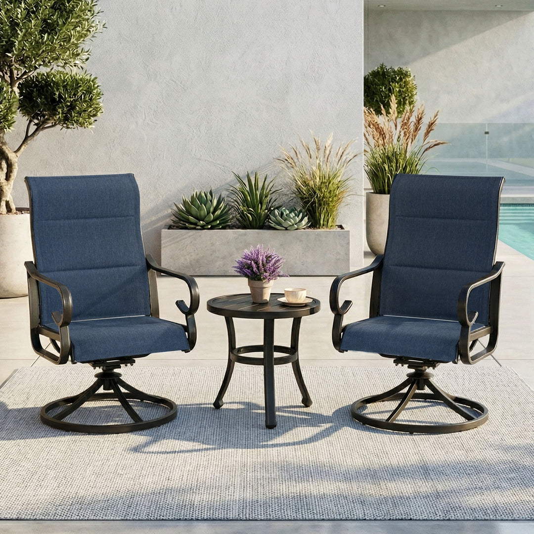 3-Piece Padded Textilene Patio Bistro Set with Swivel Chairs and Side Table