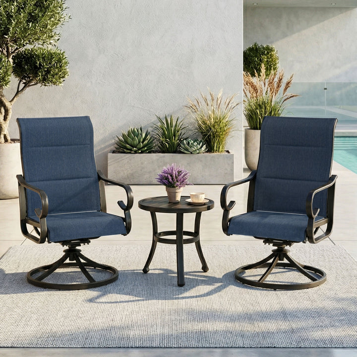 3-Piece Padded Textilene Patio Bistro Set with Swivel Chairs and Side Table