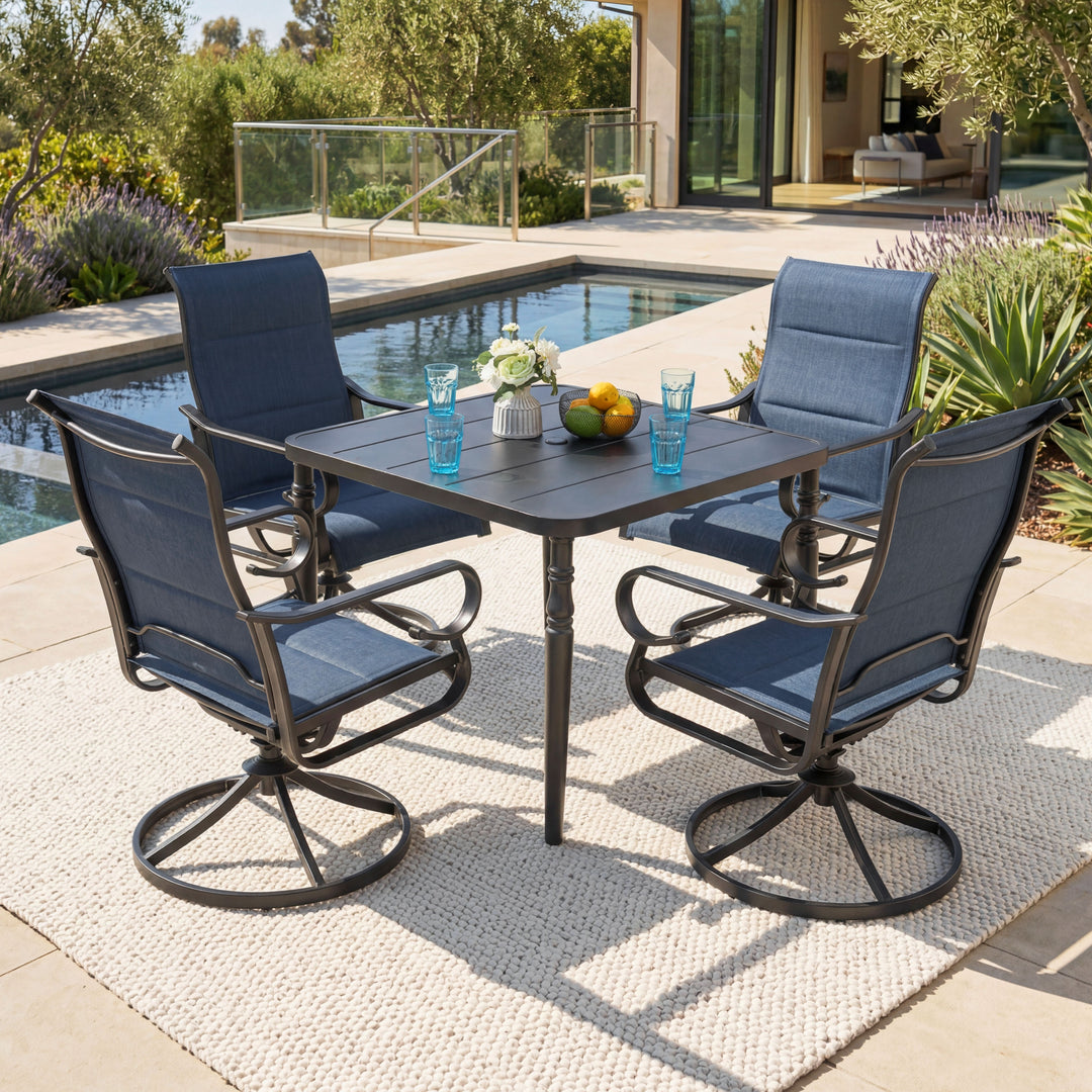 5-Piece Padded Textilene Patio Dining Set with Umbrella Hole, Swivel Design