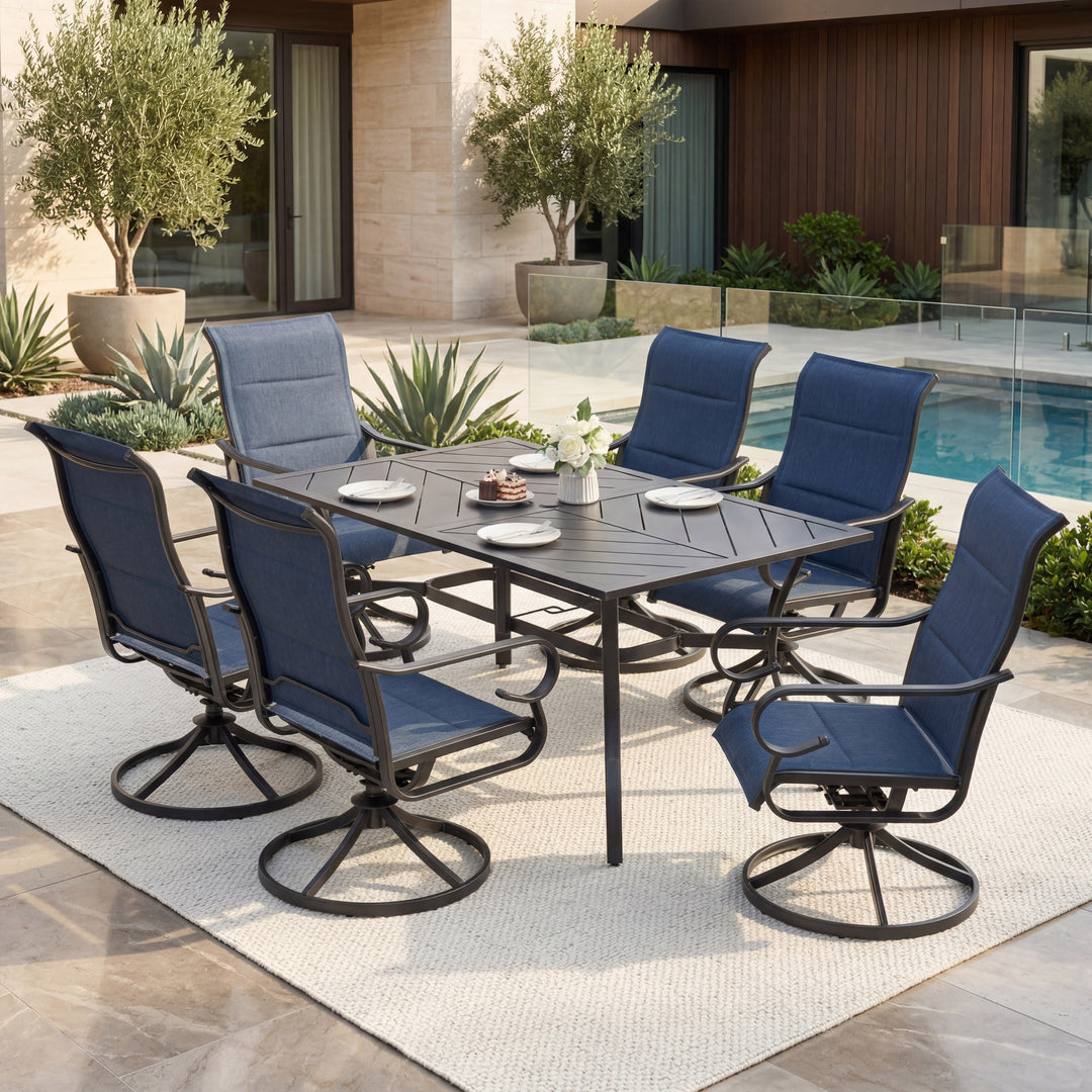 7-Piece Padded Textilene Patio Dining Set with Umbrella Hole, Swivel Design, Blue and Black