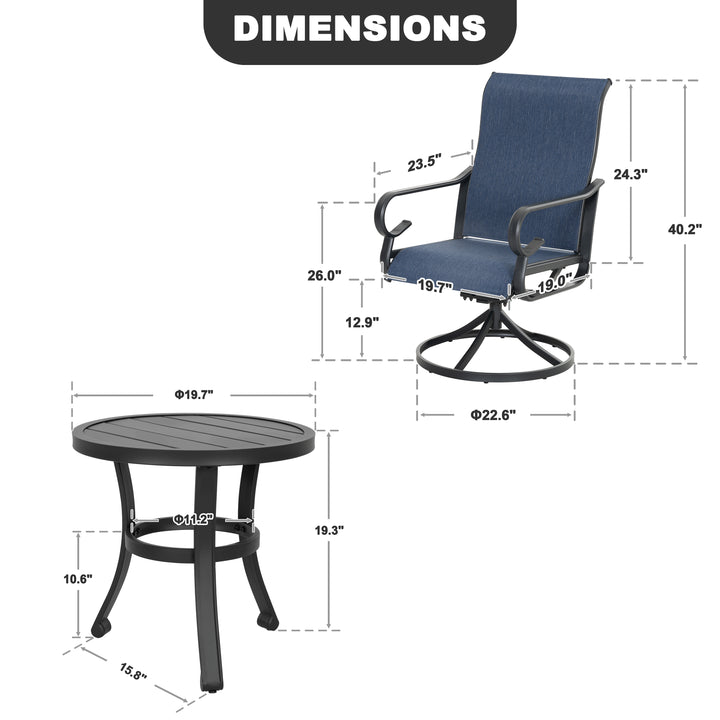 3-Piece Textilene Patio Bistro Set with Swivel Chairs and Side Table