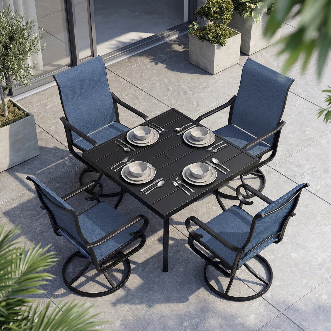 5PCS Textilene Outdoor Dining Set with Umbrella Hole, Swivel Design