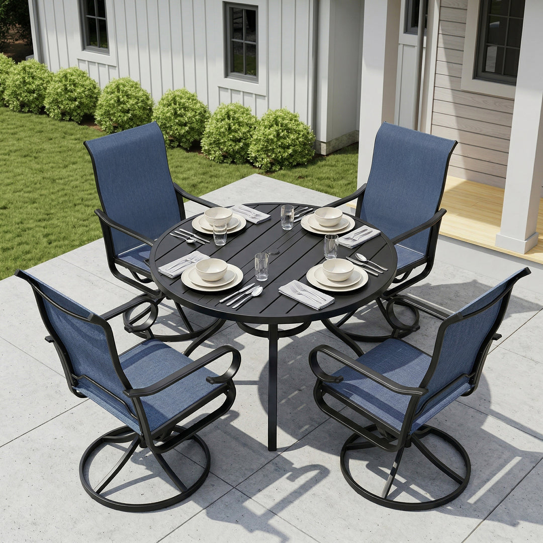5PCS Textilene Outdoor Dining Set with Umbrella Hole, Swivel Design