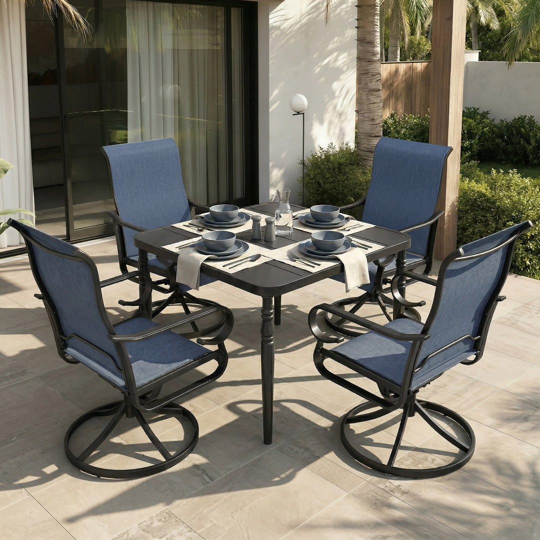 5-Piece Textilene Patio Dining Set with Umbrella Hole, Swivel Design