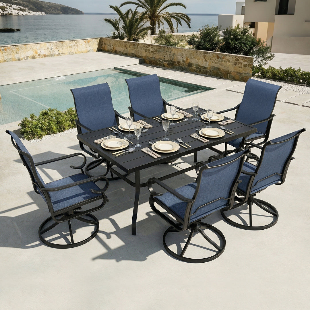 7-Piece Textilene Patio Dining Set with Umbrella Hole, Swivel Design