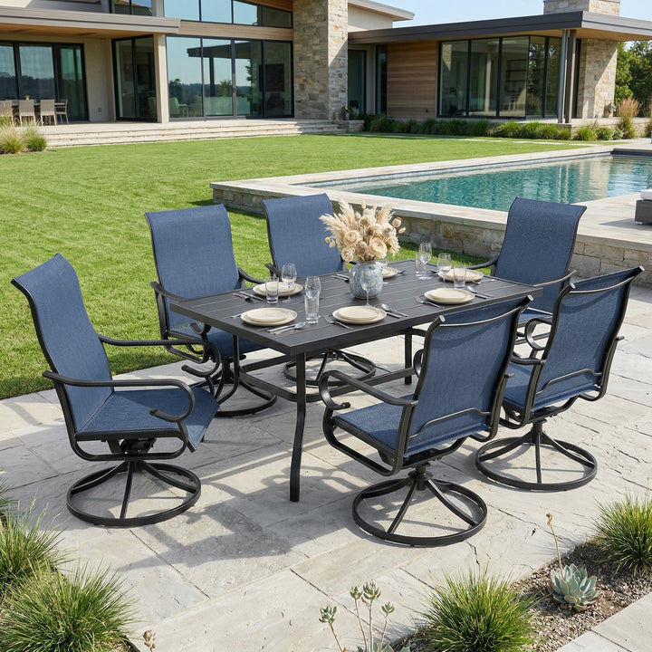 7-Piece Textilene Patio Dining Set with Umbrella Hole, Swivel Design