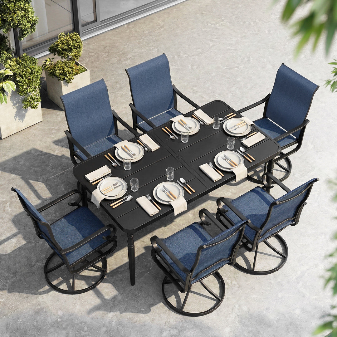 7-Piece Textilene Patio Dining Set with Umbrella Hole, Swivel Design, Blue and Black