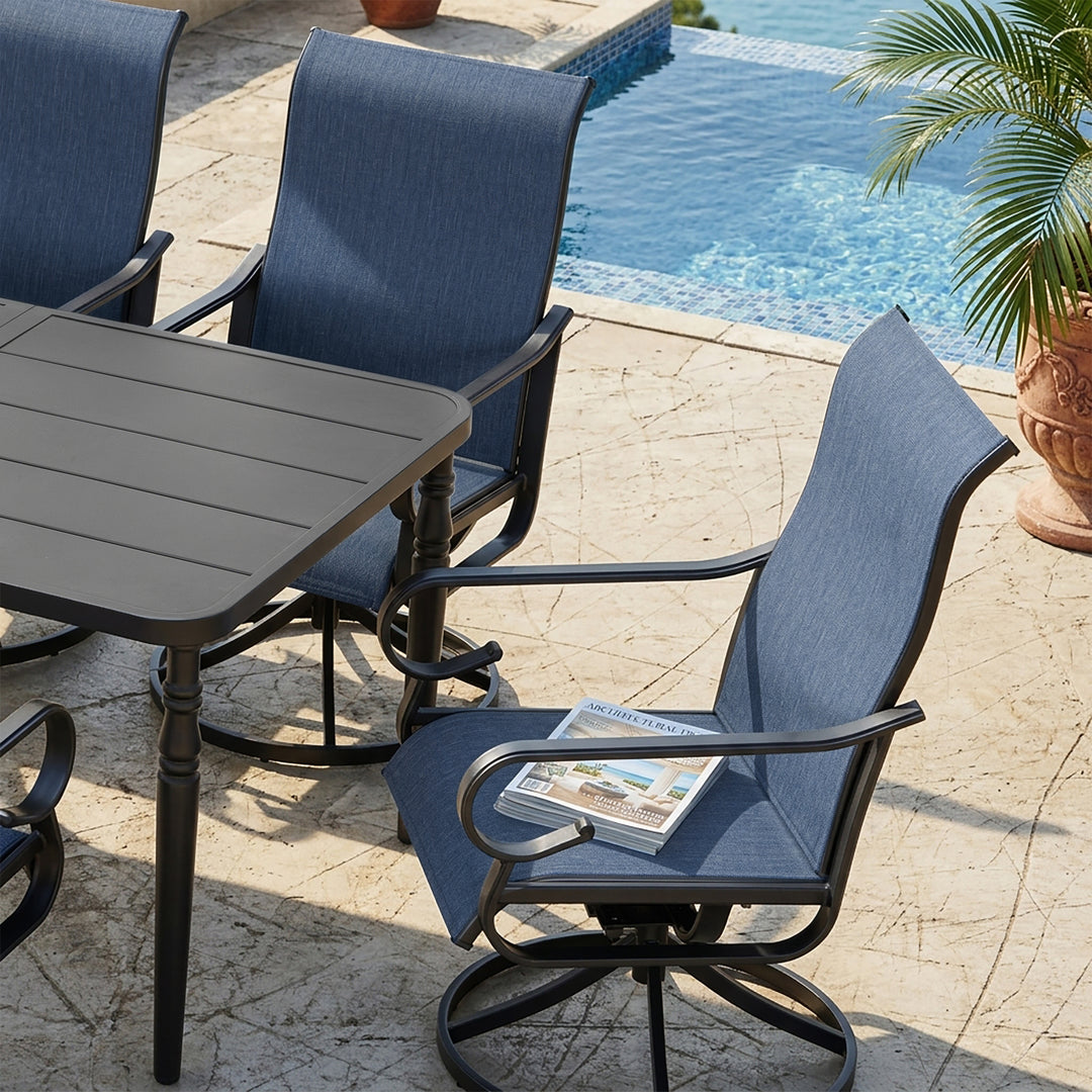7-Piece Textilene Patio Dining Set with Umbrella Hole, Swivel Design, Blue and Black