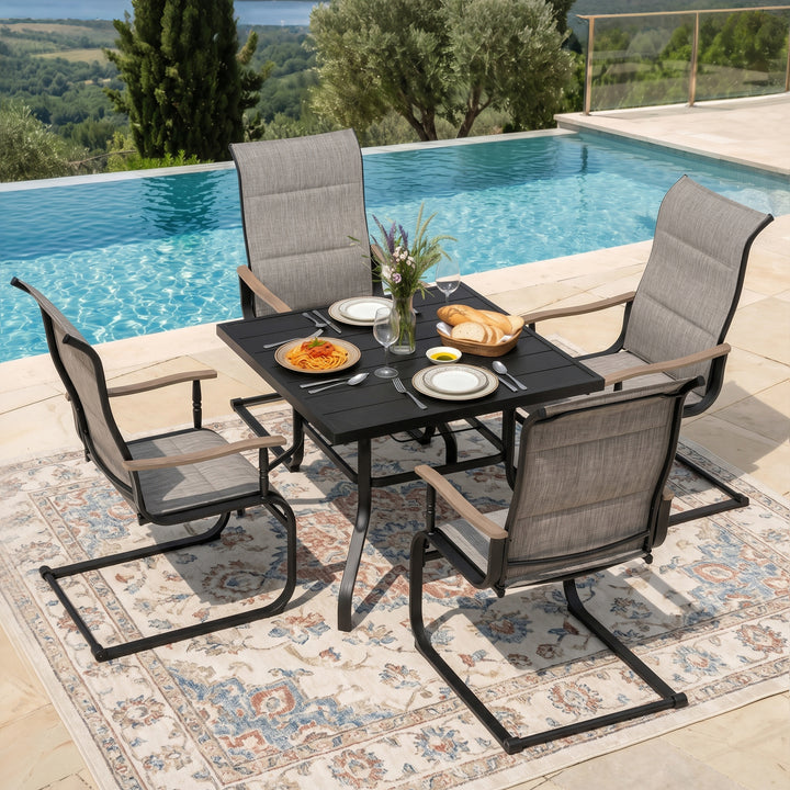 5-Piece Patio Dining Set, C-Spring Motion, Wood-Grain Armrests
